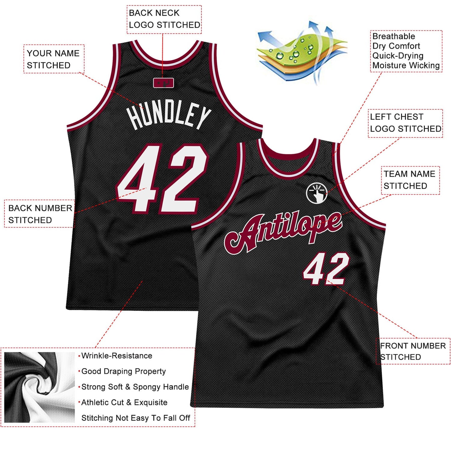 Custom Black White-Maroon Authentic Throwback Basketball Jersey view 2