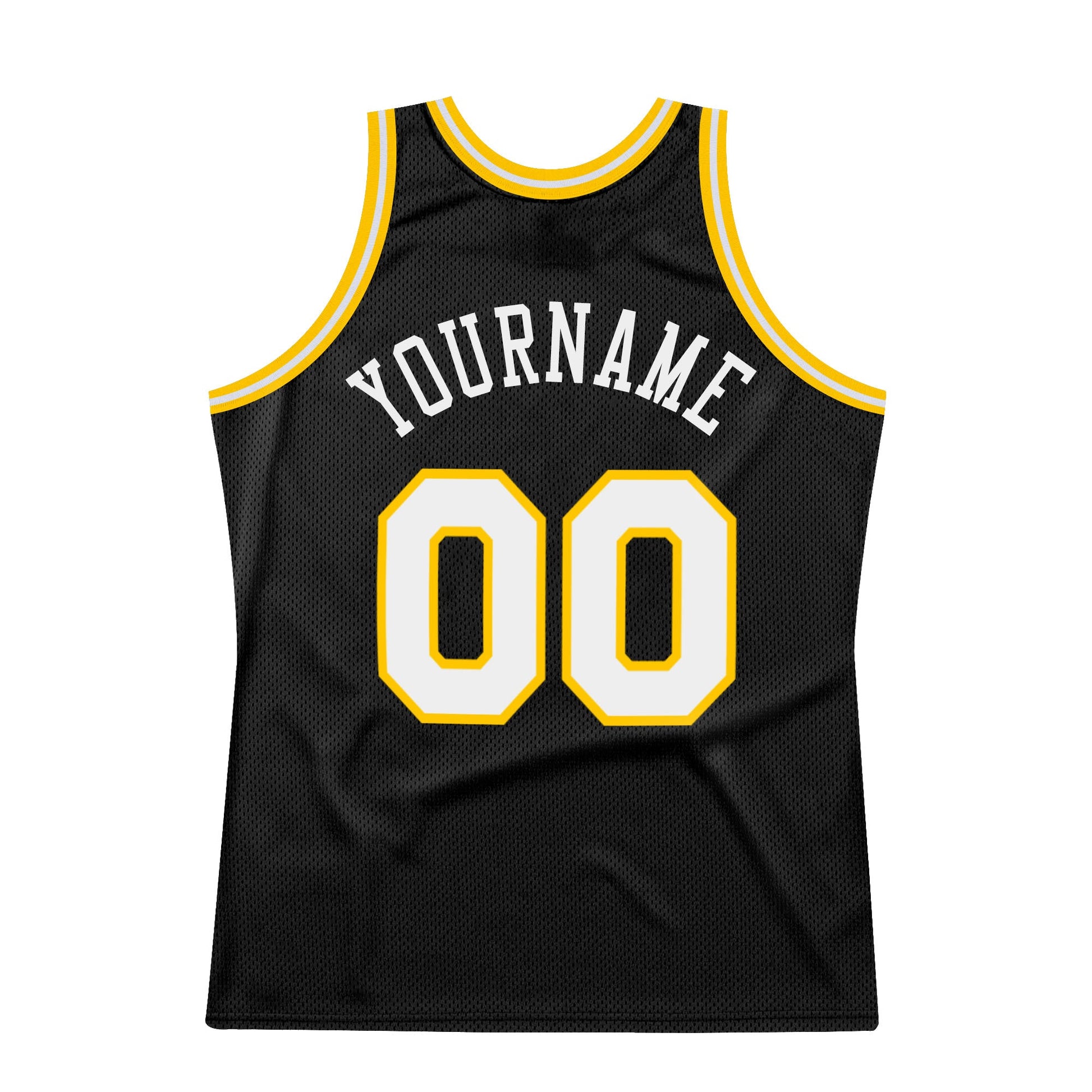 Custom Black White-Gold Authentic Throwback Basketball Jersey view 6