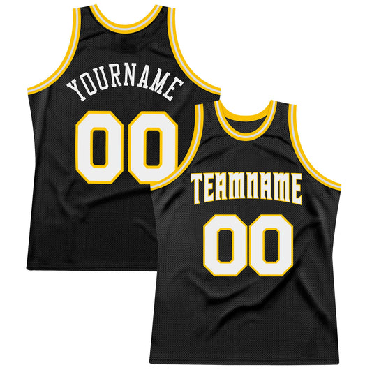 Custom Black White-Gold Authentic Throwback Basketball Jersey - Main View