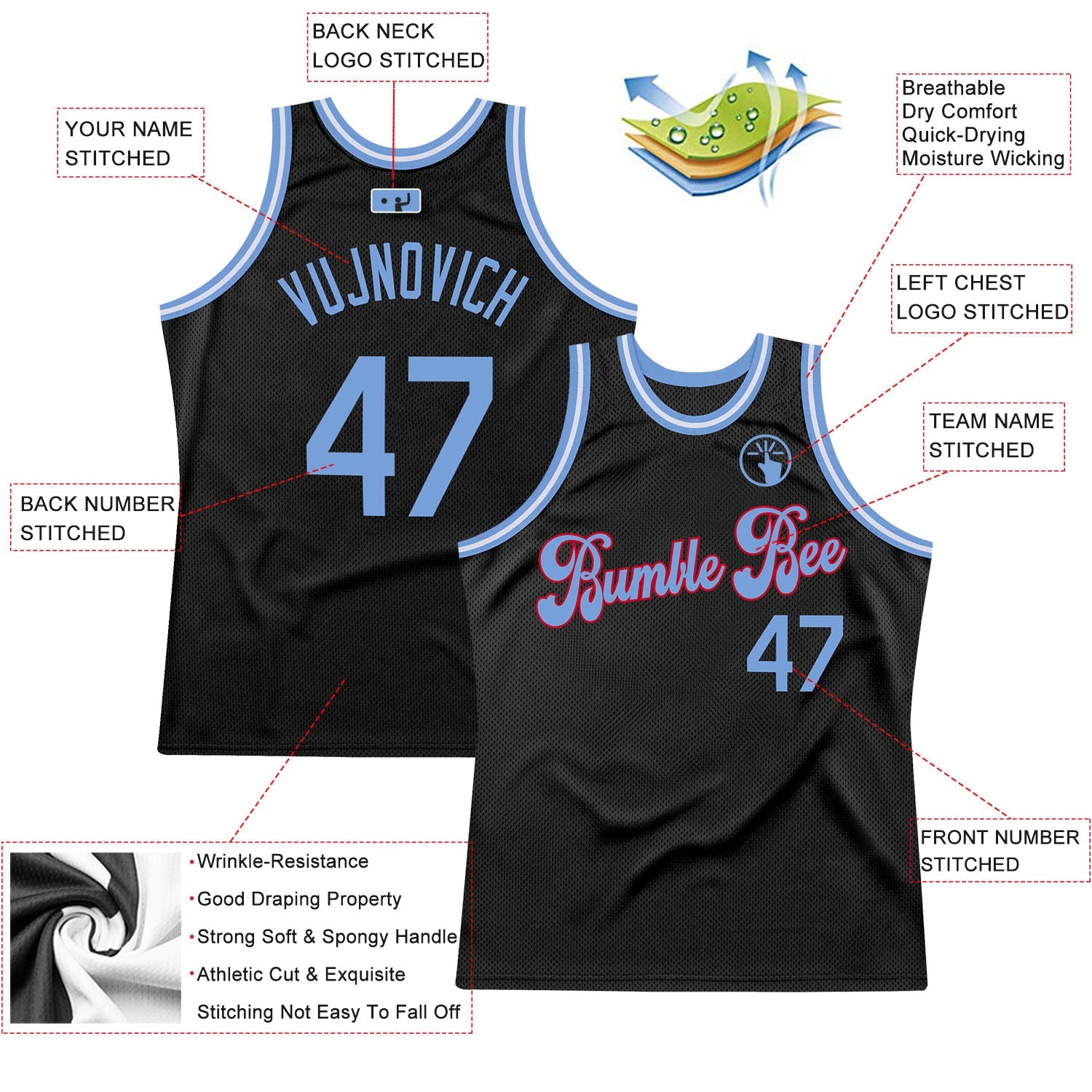 Custom Black Light Blue-Red Authentic Throwback Basketball Jersey view 2