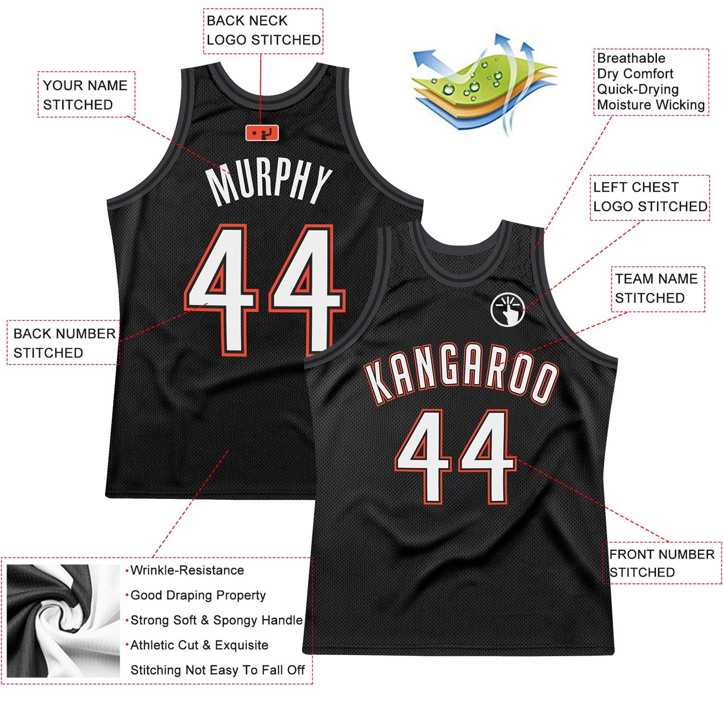 Custom Black White-Orange Authentic Throwback Basketball Jersey view 2