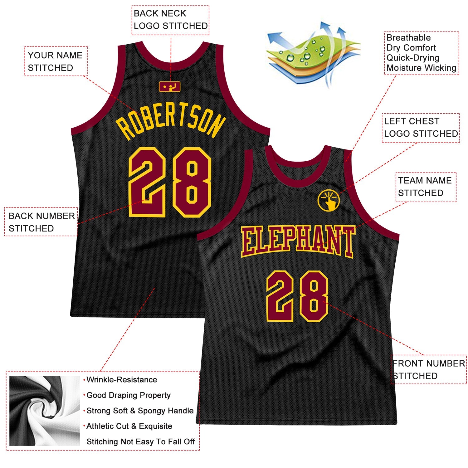 Custom Black Maroon-Gold Authentic Throwback Basketball Jersey view 2
