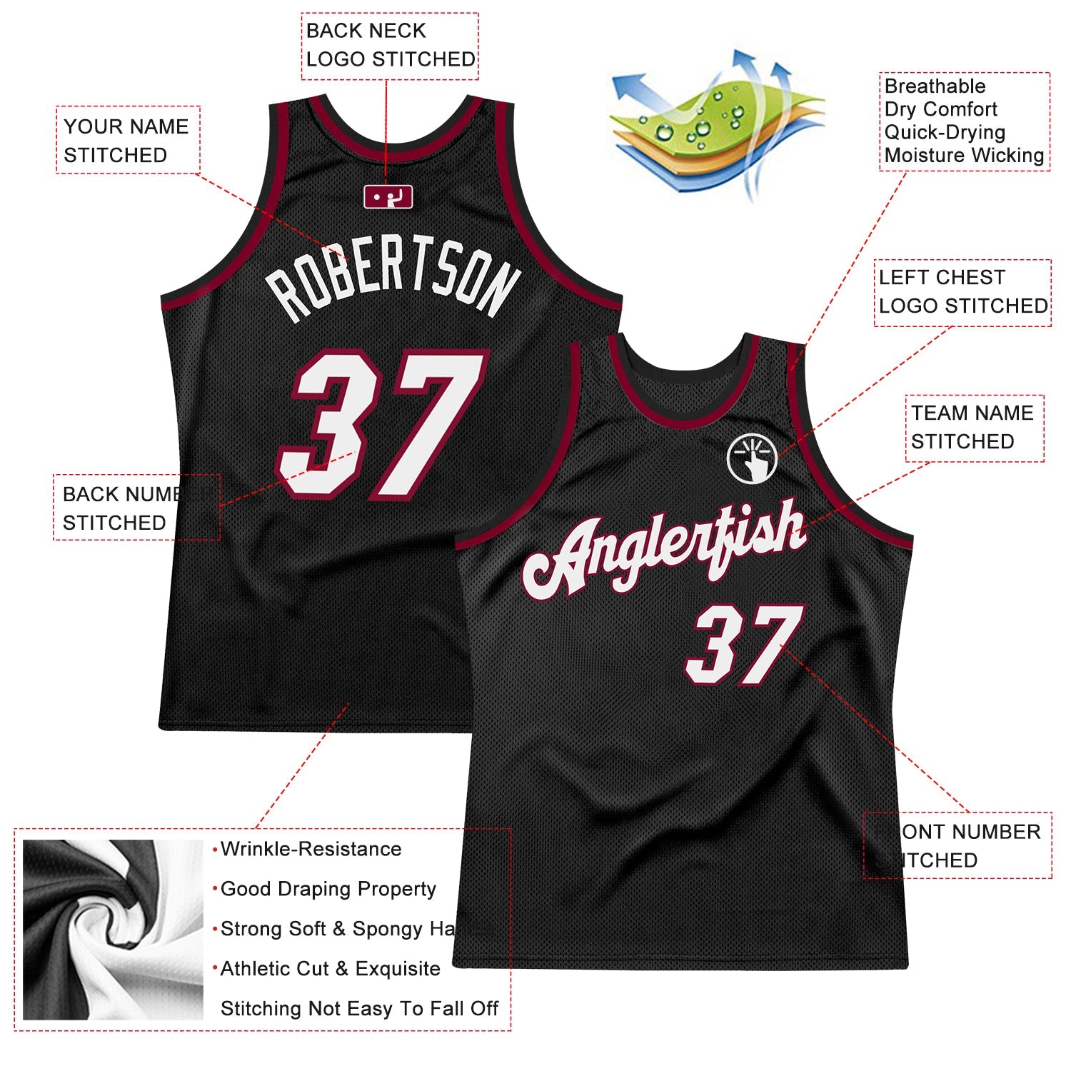 Custom Black White-Maroon Authentic Throwback Basketball Jersey view 2