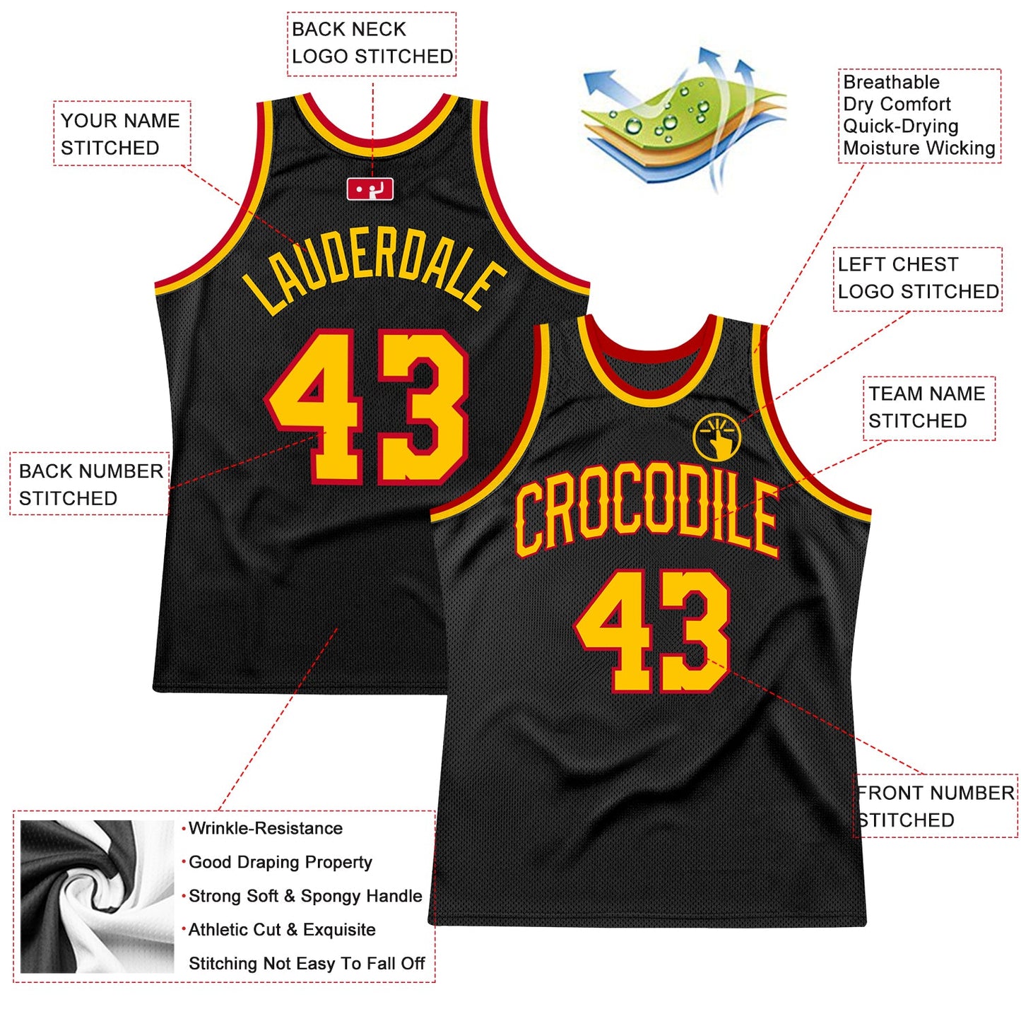 Custom Black Gold-Red Authentic Throwback Basketball Jersey view 2