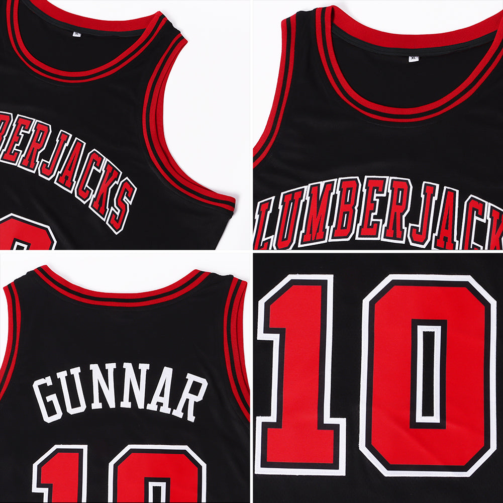 Custom Black Red-White Authentic Throwback Basketball Jersey view 5