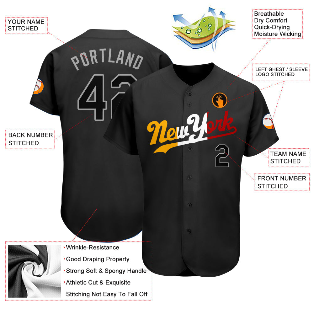 Custom Black Black-Gold Authentic Split Fashion Baseball Jersey view 3