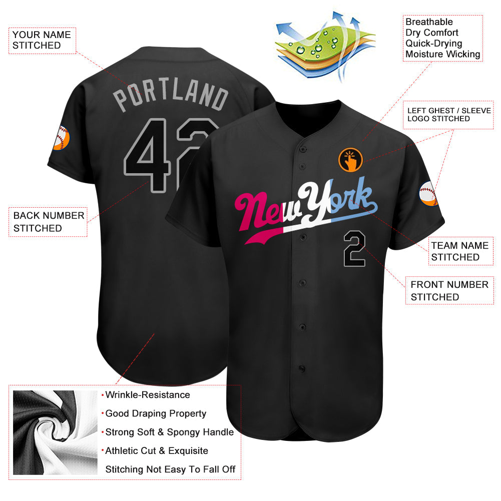 Custom Black Black-Pink Authentic Split Fashion Baseball Jersey view 3