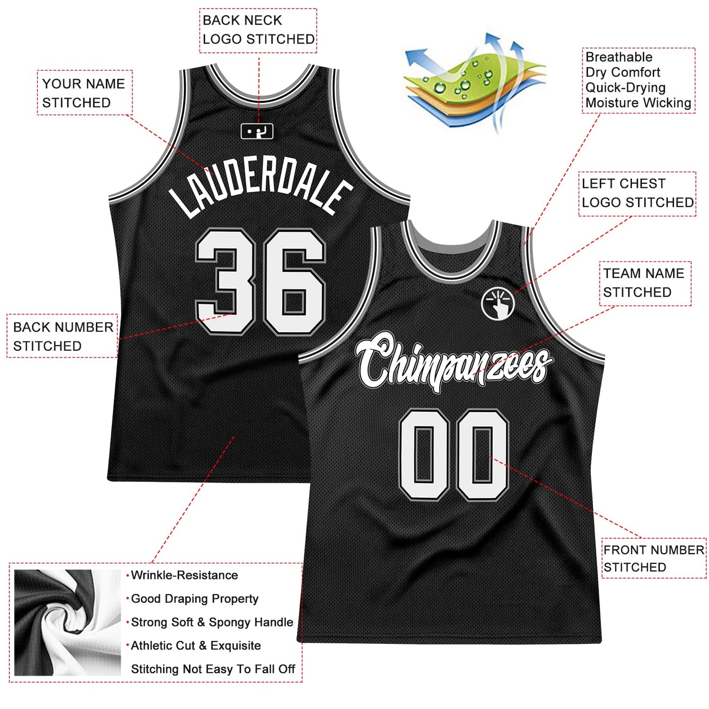 Custom Black White-Gray Authentic Throwback Basketball Jersey view 2