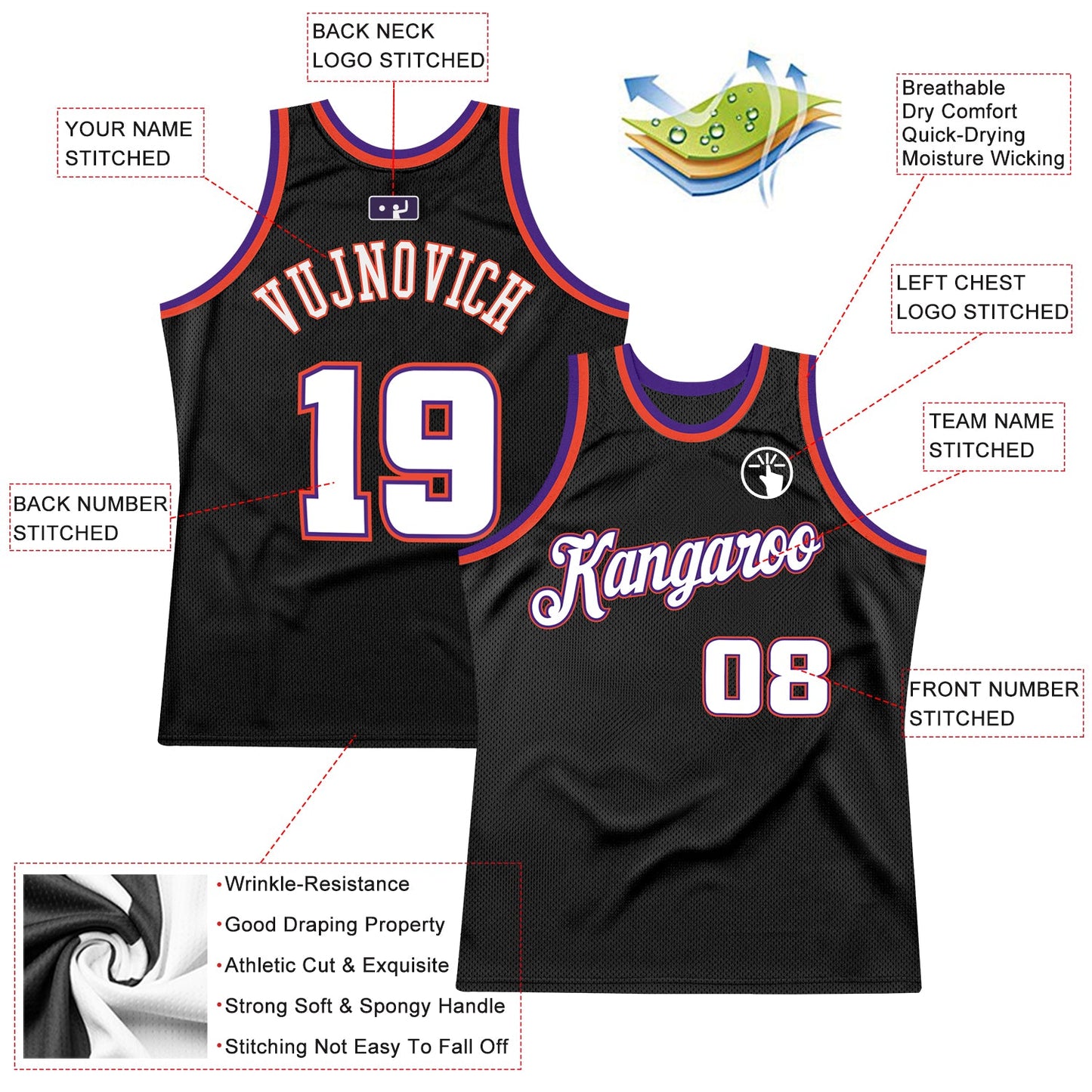 Custom Black White-Purple Authentic Throwback Basketball Jersey view 2