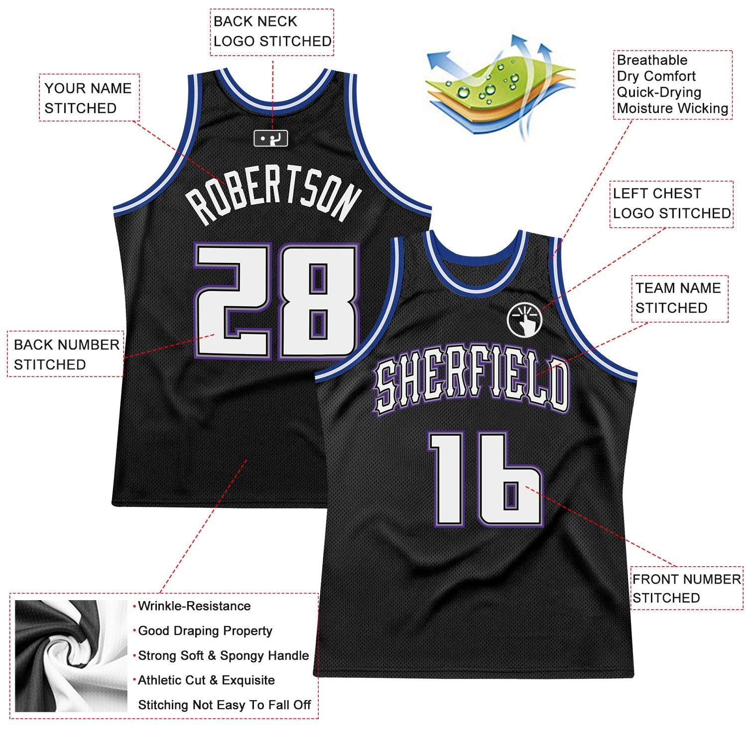 Custom Black White-Royal Authentic Throwback Basketball Jersey view 2