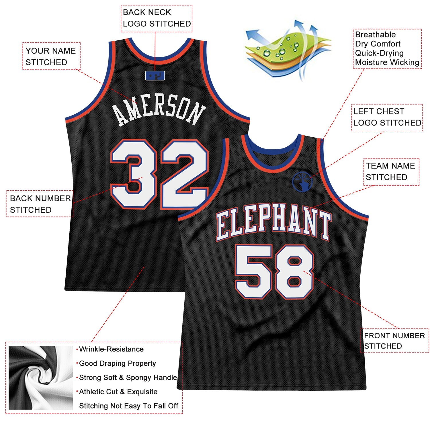 Custom Black White-Orange Authentic Throwback Basketball Jersey view 2