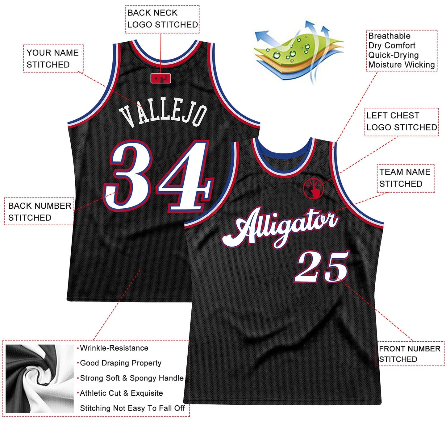 Custom Black White-Red Authentic Throwback Basketball Jersey view 2