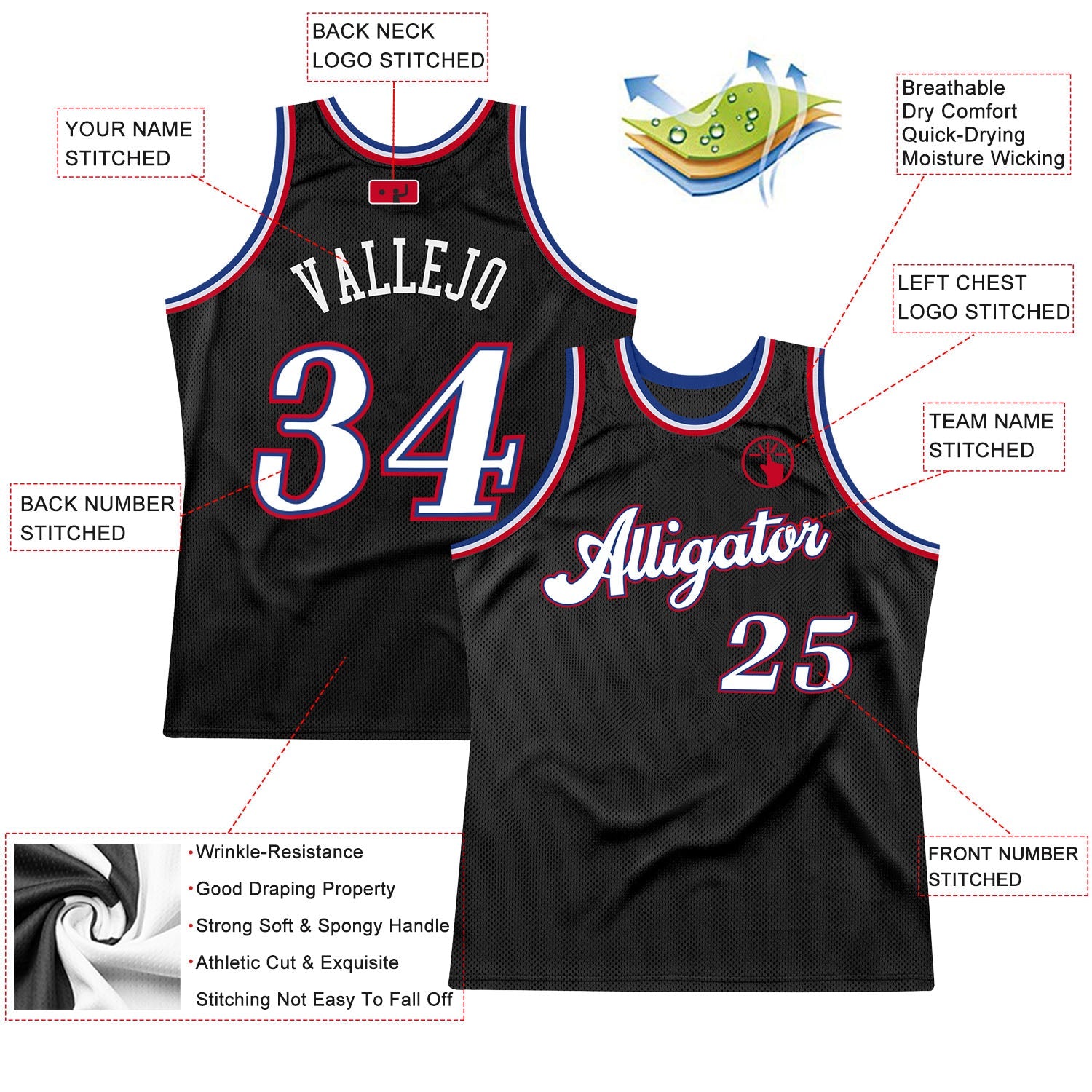 Custom Black White-Red Authentic Throwback Basketball Jersey view 2