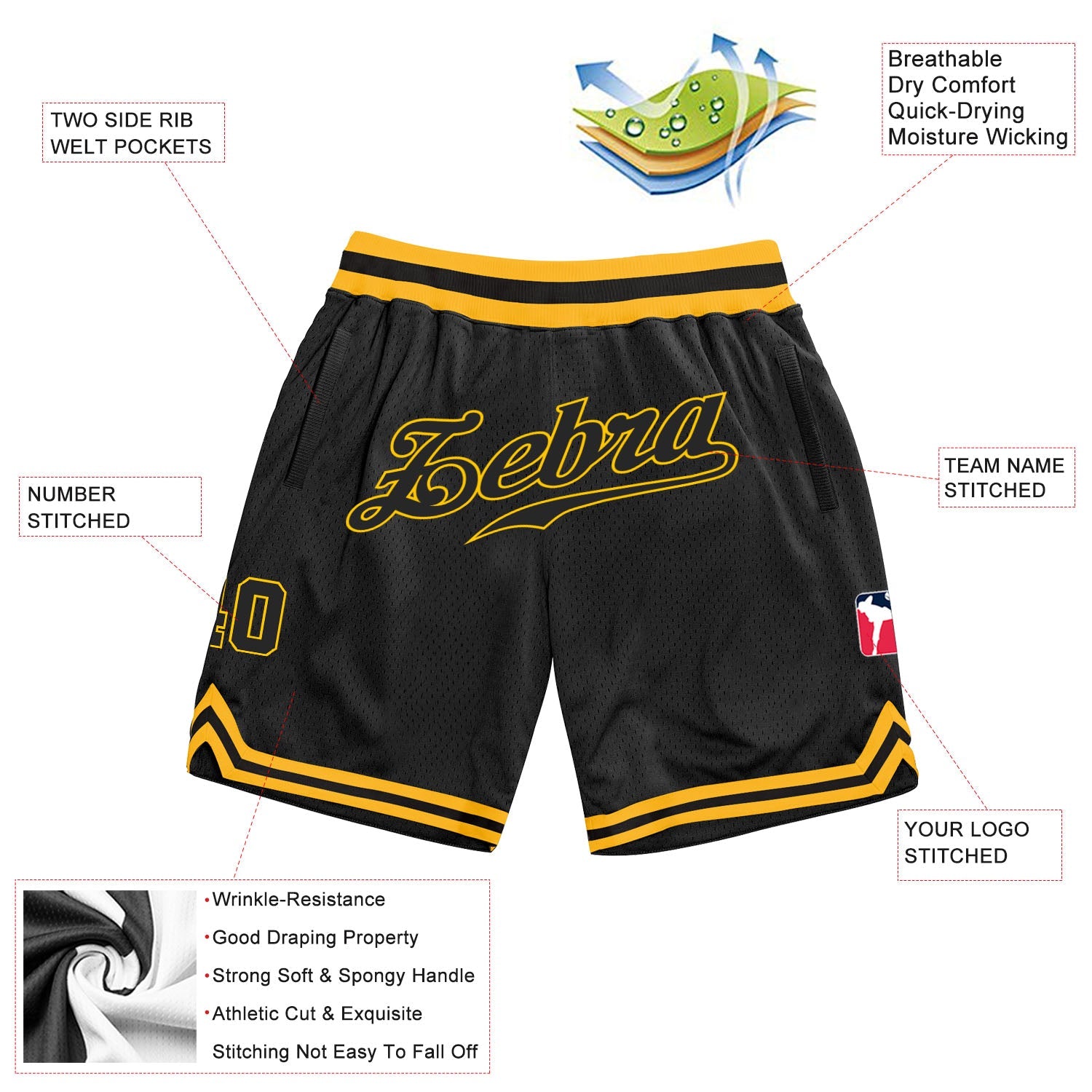 Custom Black Black-Gold Authentic Throwback Basketball Shorts view 2