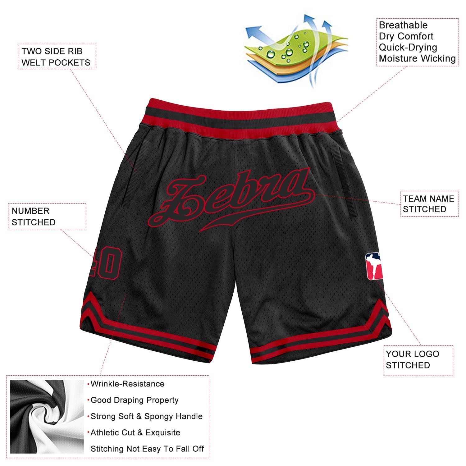 Custom Black Black-Red Authentic Throwback Basketball Shorts view 2