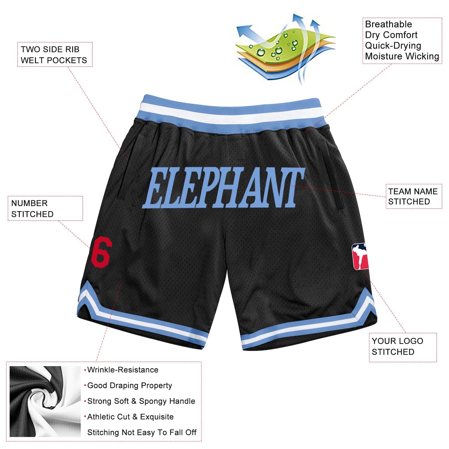 Custom Black Light Blue-Red Authentic Throwback Basketball Shorts view 2