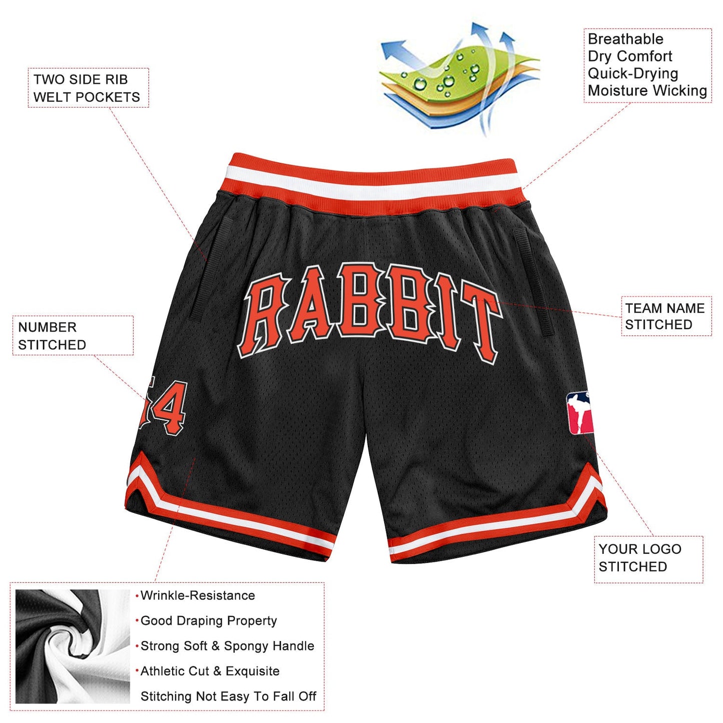 Custom Black Orange-White Authentic Throwback Basketball Shorts view 2