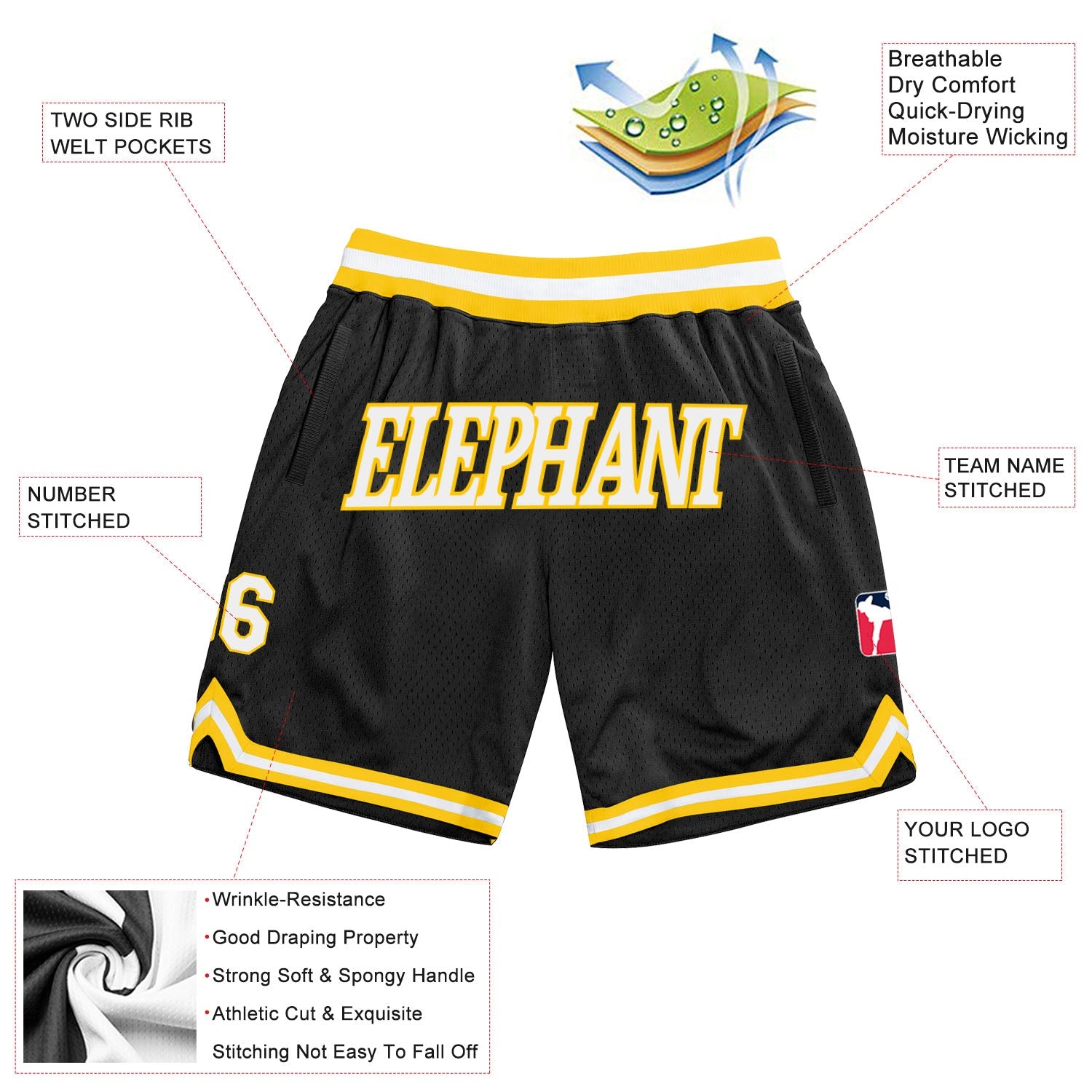 Custom Black White-Gold Authentic Throwback Basketball Shorts view 2