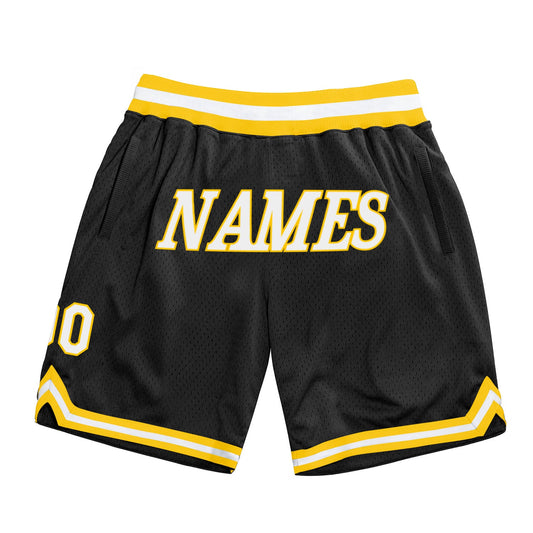 Custom Black White-Gold Authentic Throwback Basketball Shorts - Main View
