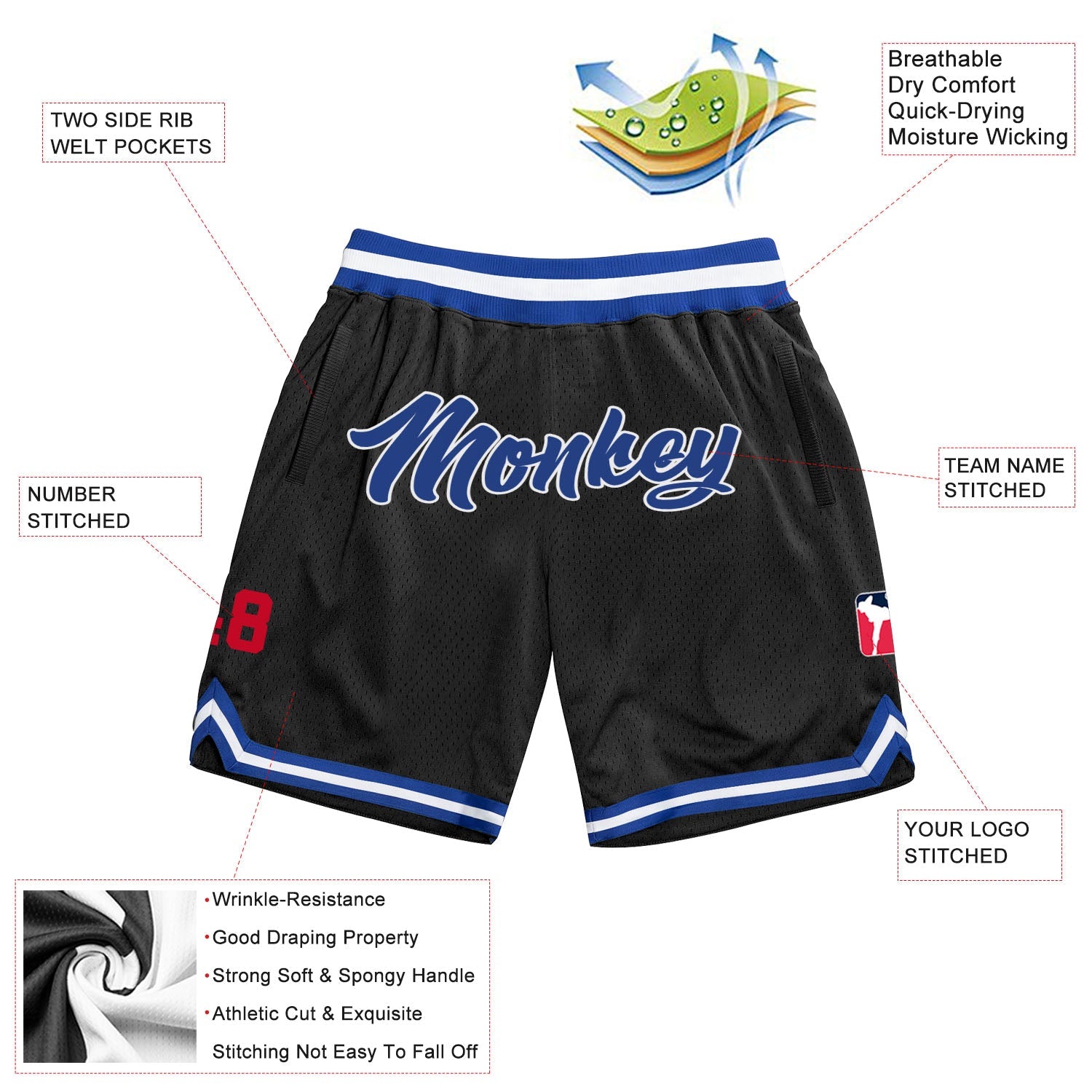 Custom Black Royal-Red Authentic Throwback Basketball Shorts view 2