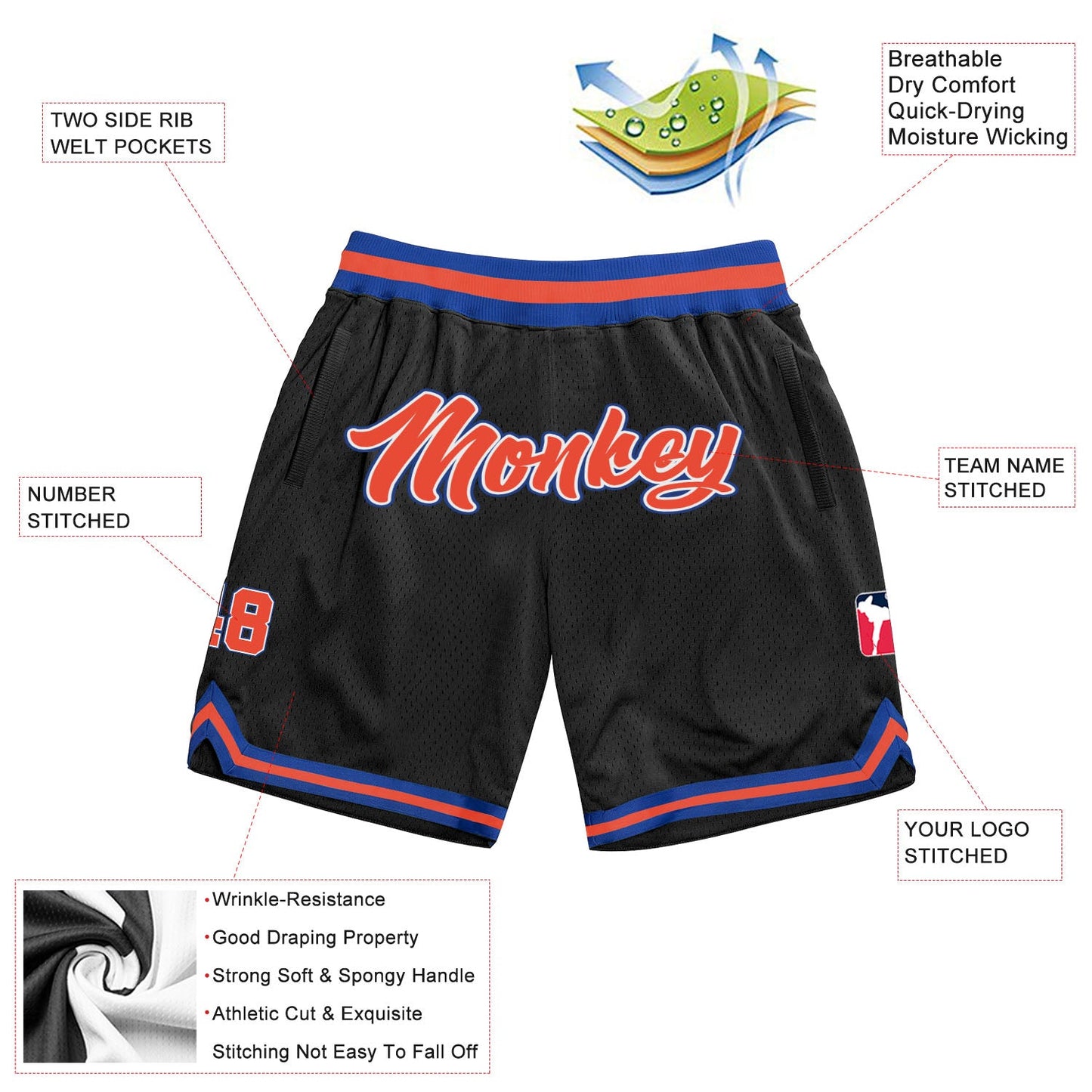 Custom Black Orange-Royal Authentic Throwback Basketball Shorts view 2