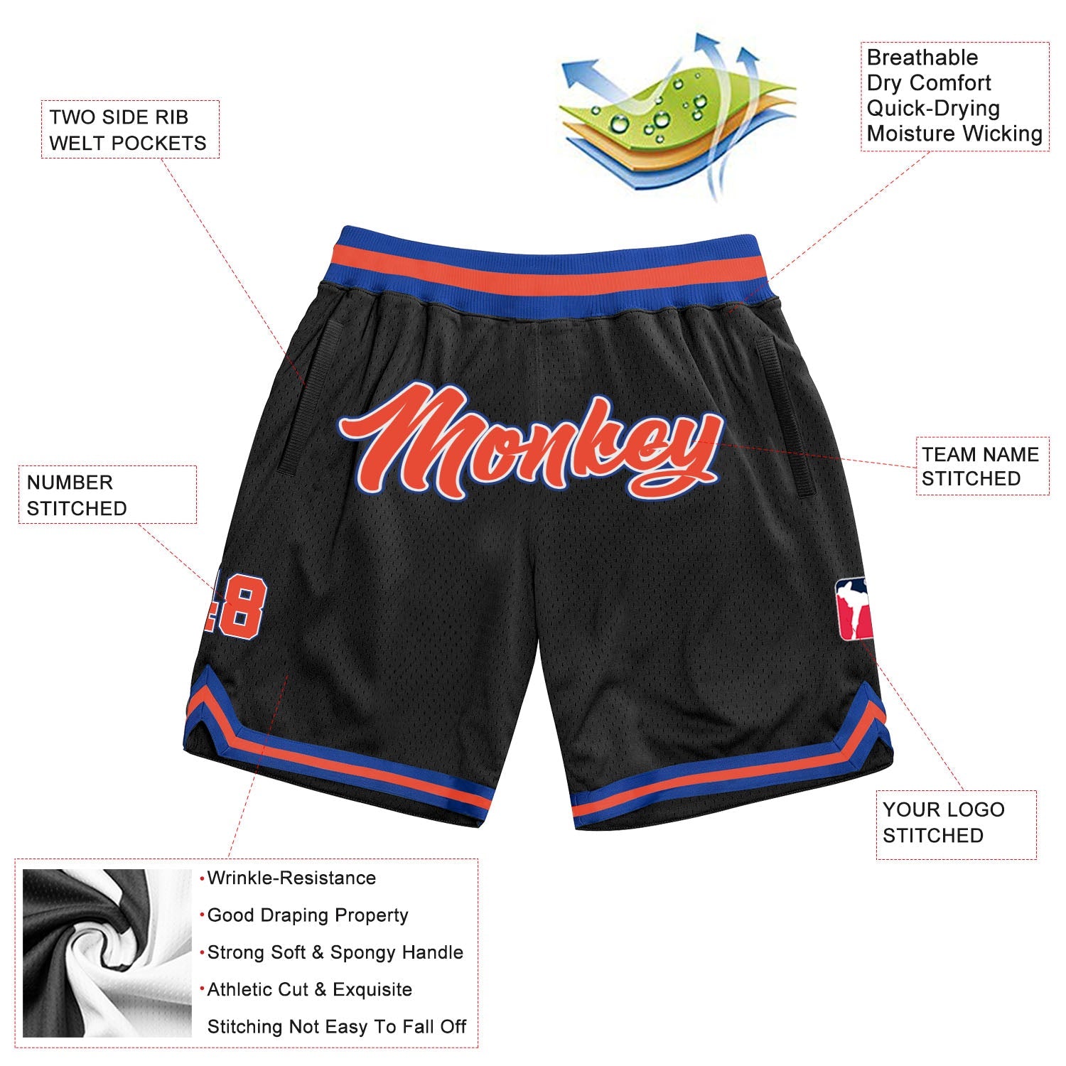 Custom Black Orange-Royal Authentic Throwback Basketball Shorts view 2