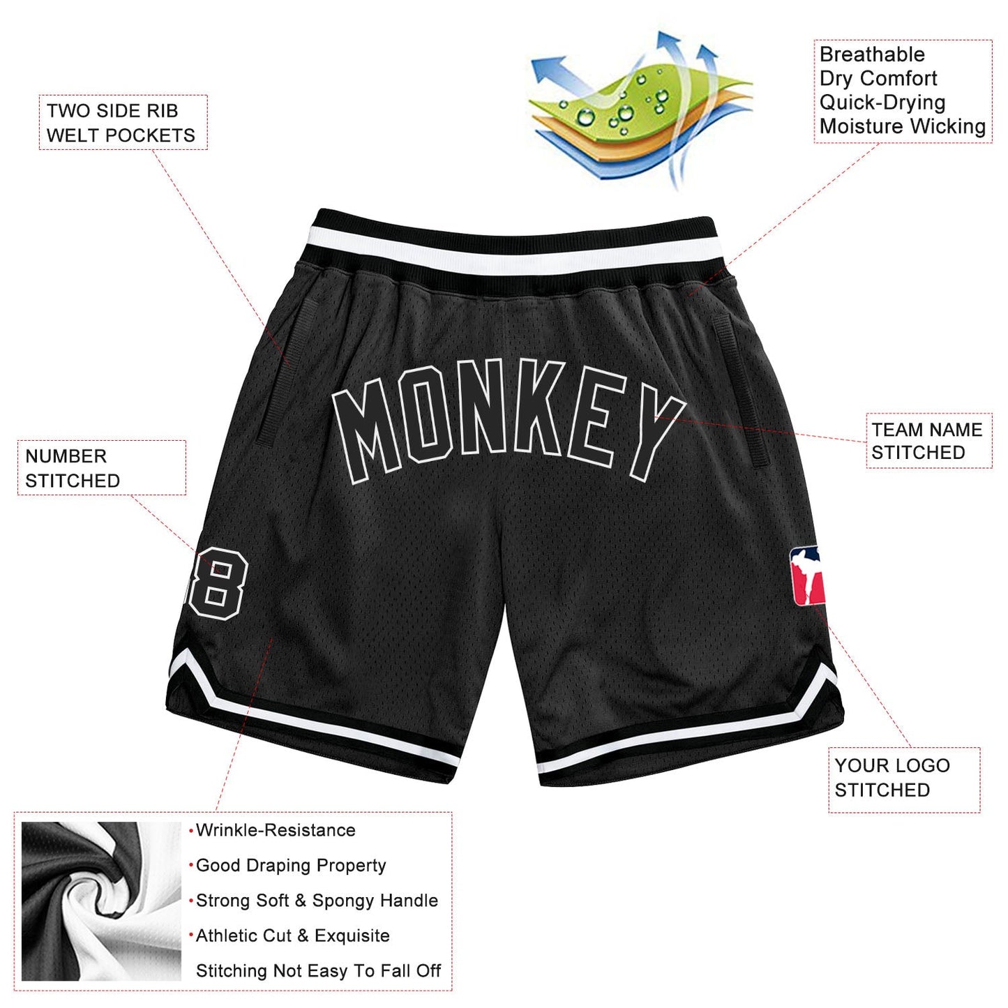 Custom Black Black-White Authentic Throwback Basketball Shorts view 2