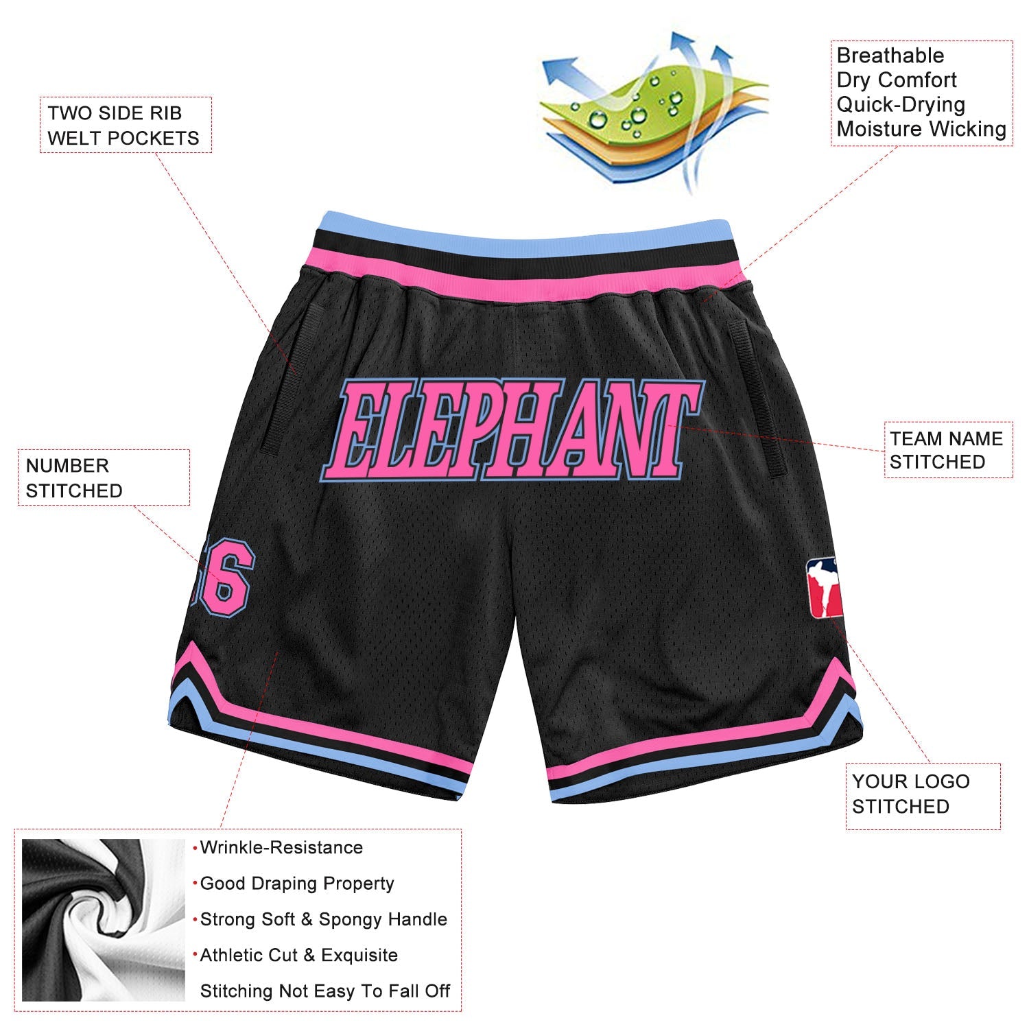 Custom Black Pink-Light Blue Authentic Throwback Basketball Shorts view 2