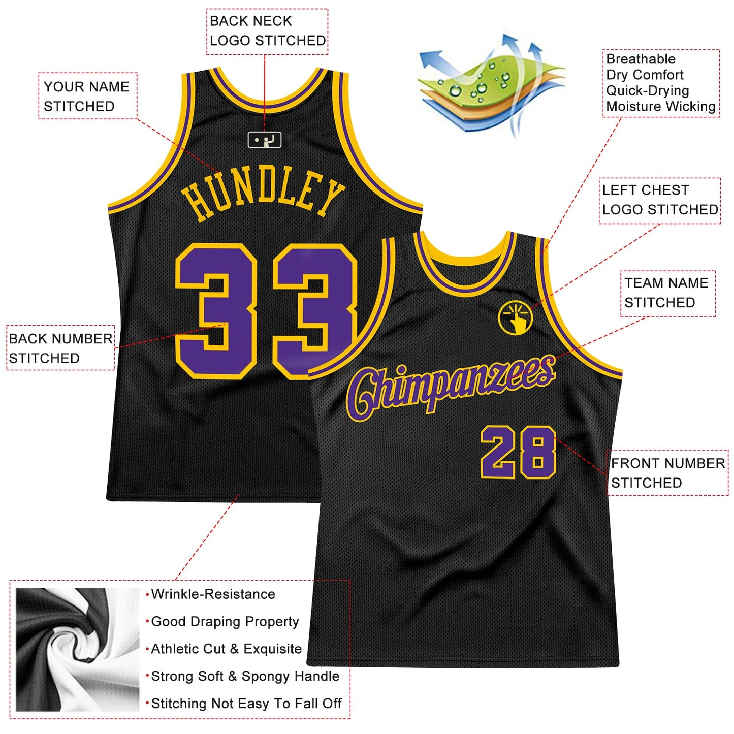 Custom Black Purple-Gold Authentic Throwback Basketball Jersey view 2