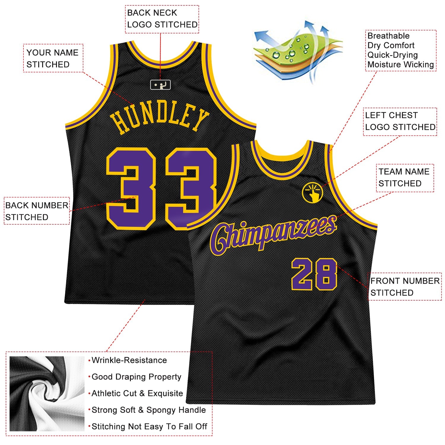 Custom Black Purple-Gold Authentic Throwback Basketball Jersey view 2