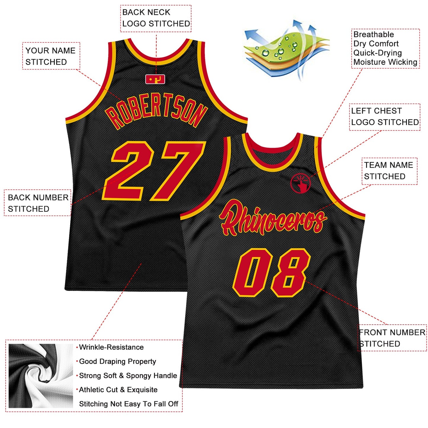Custom Black Red-Gold Authentic Throwback Basketball Jersey view 2
