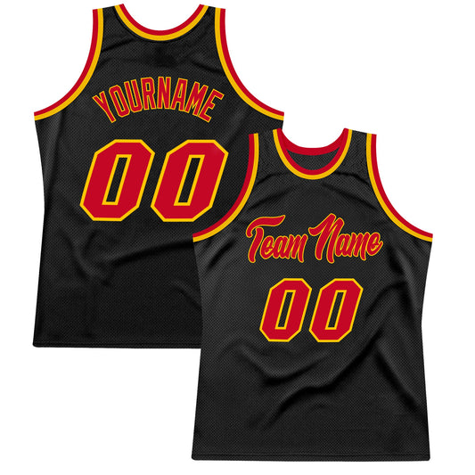 Custom Black Red-Gold Authentic Throwback Basketball Jersey - Main View