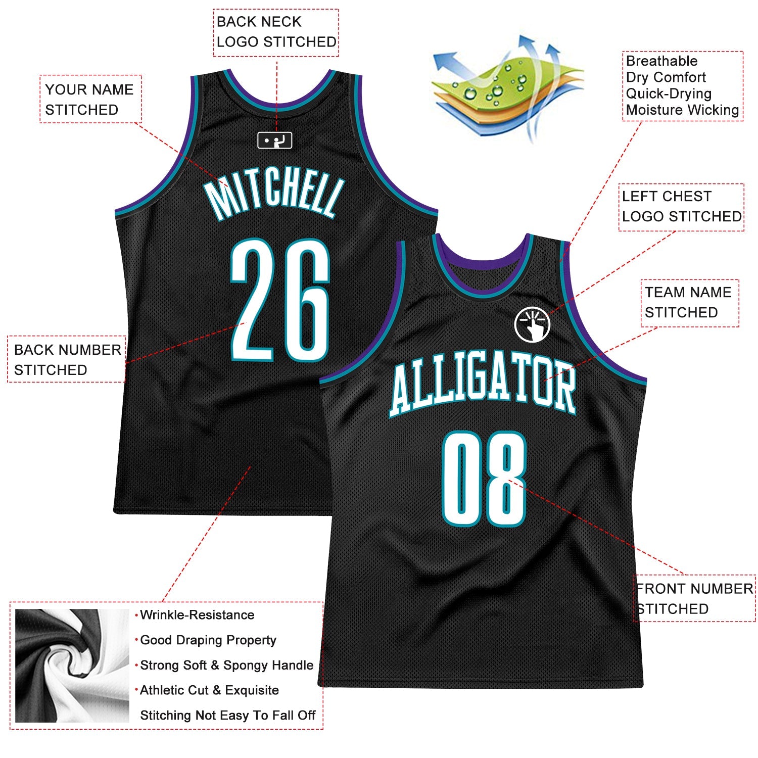 Custom Black White-Teal Authentic Throwback Basketball Jersey view 2