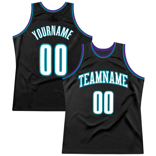 Custom Black White-Teal Authentic Throwback Basketball Jersey - Main View
