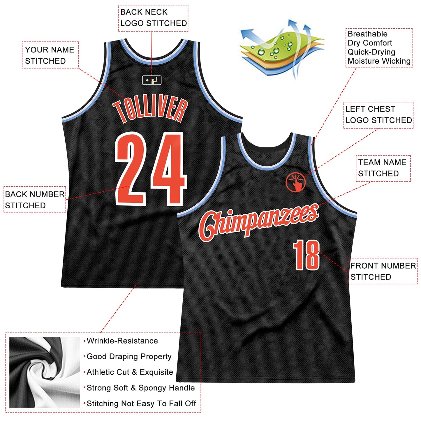 Custom Black Orange-Light Blue Authentic Throwback Basketball Jersey view 2