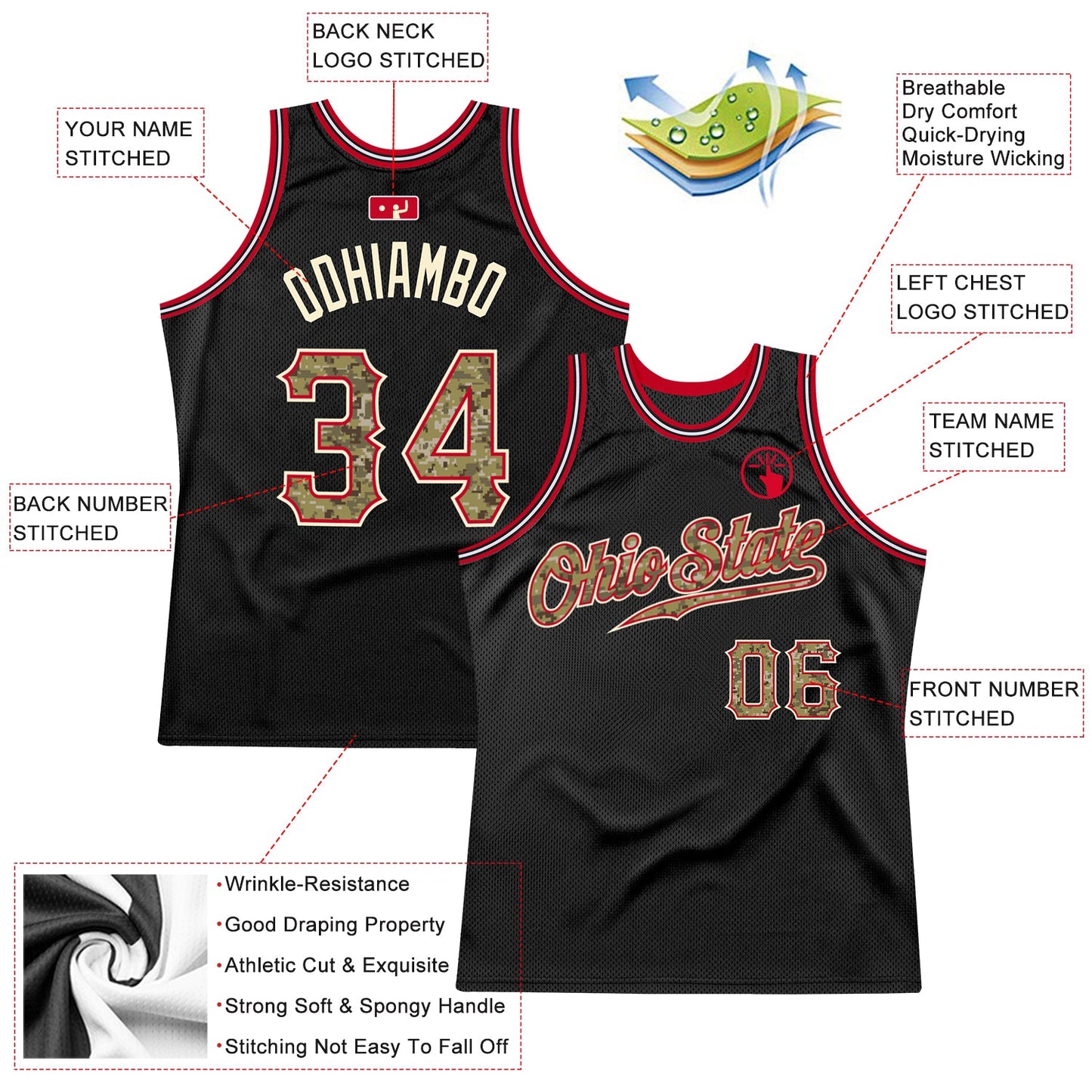 Custom Black Camo-Red Authentic Throwback Basketball Jersey view 2