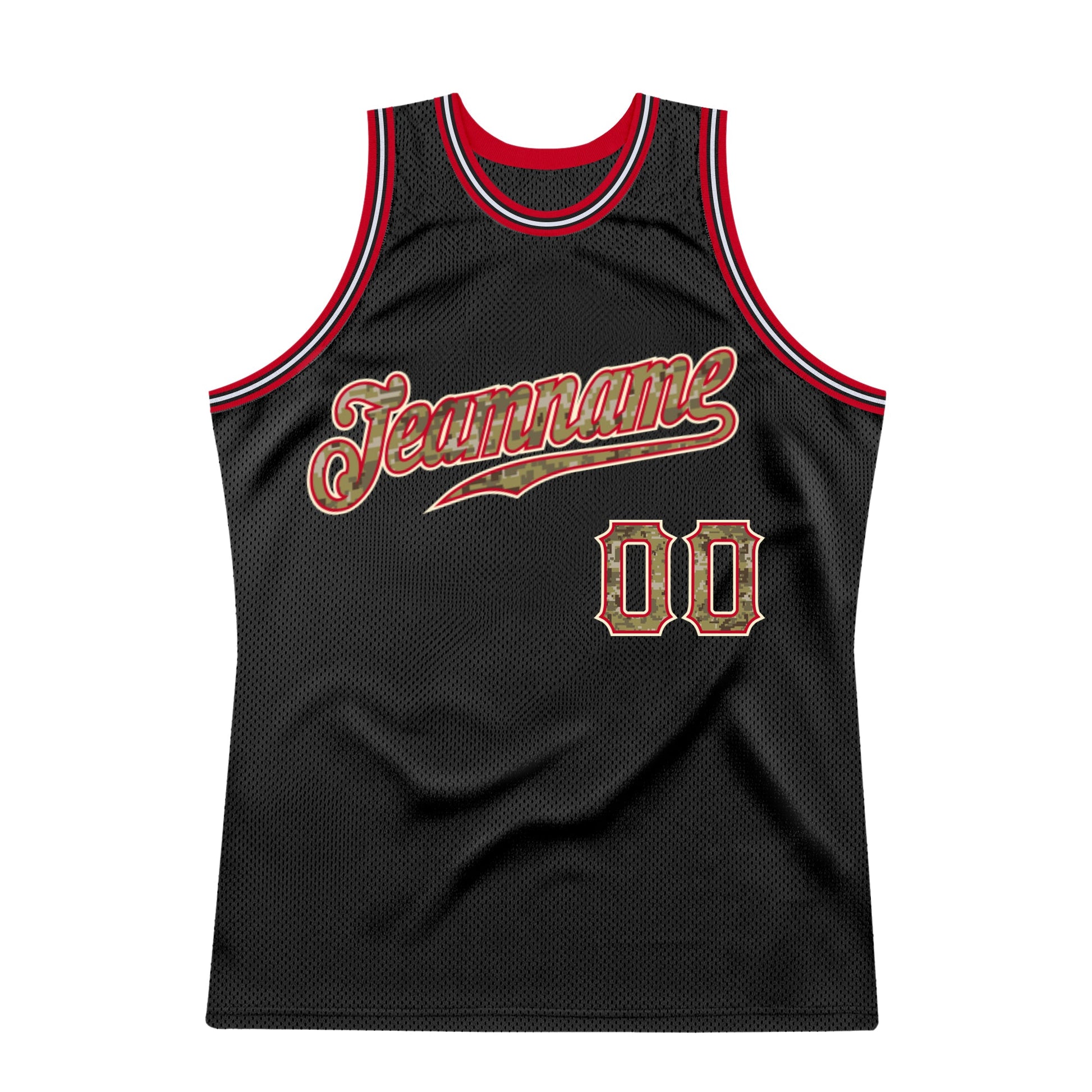 Custom Black Camo-Red Authentic Throwback Basketball Jersey view 6