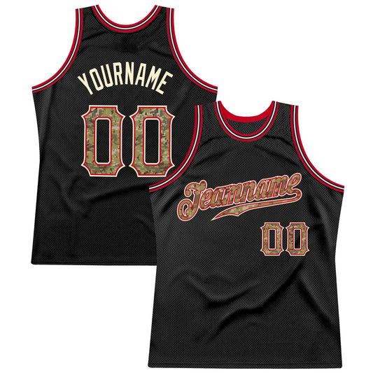 Custom Black Camo-Red Authentic Throwback Basketball Jersey - Main View