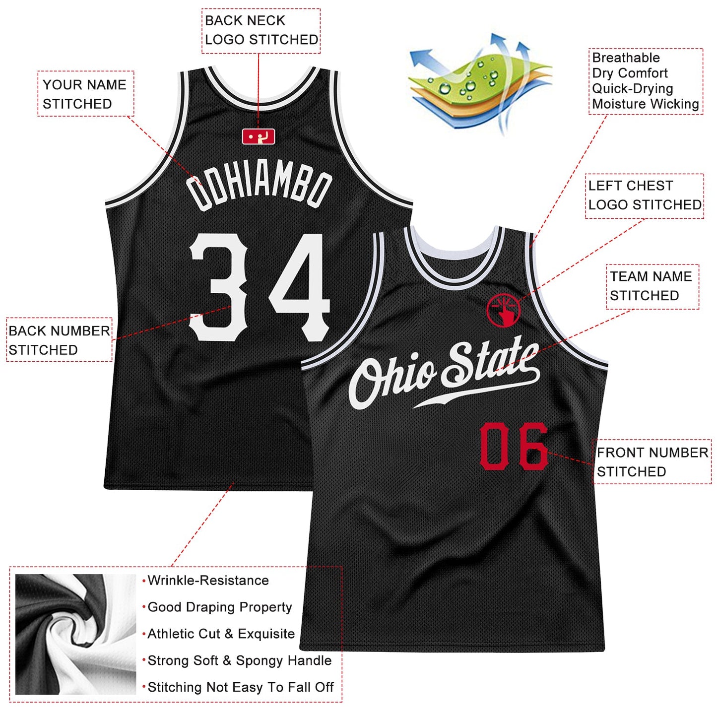 Custom Black White-Red Authentic Throwback Basketball Jersey view 2