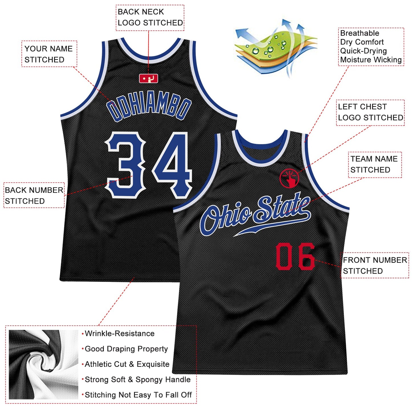 Custom Black Royal-Red Authentic Throwback Basketball Jersey view 2