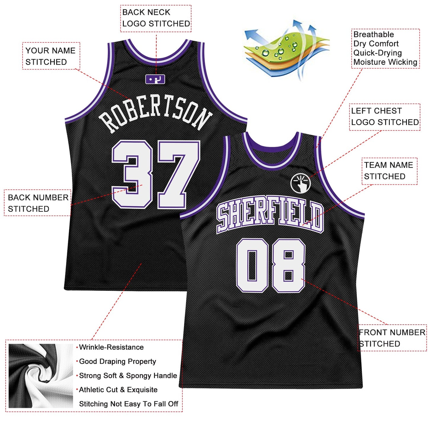 Custom Black White-Purple Authentic Throwback Basketball Jersey view 2