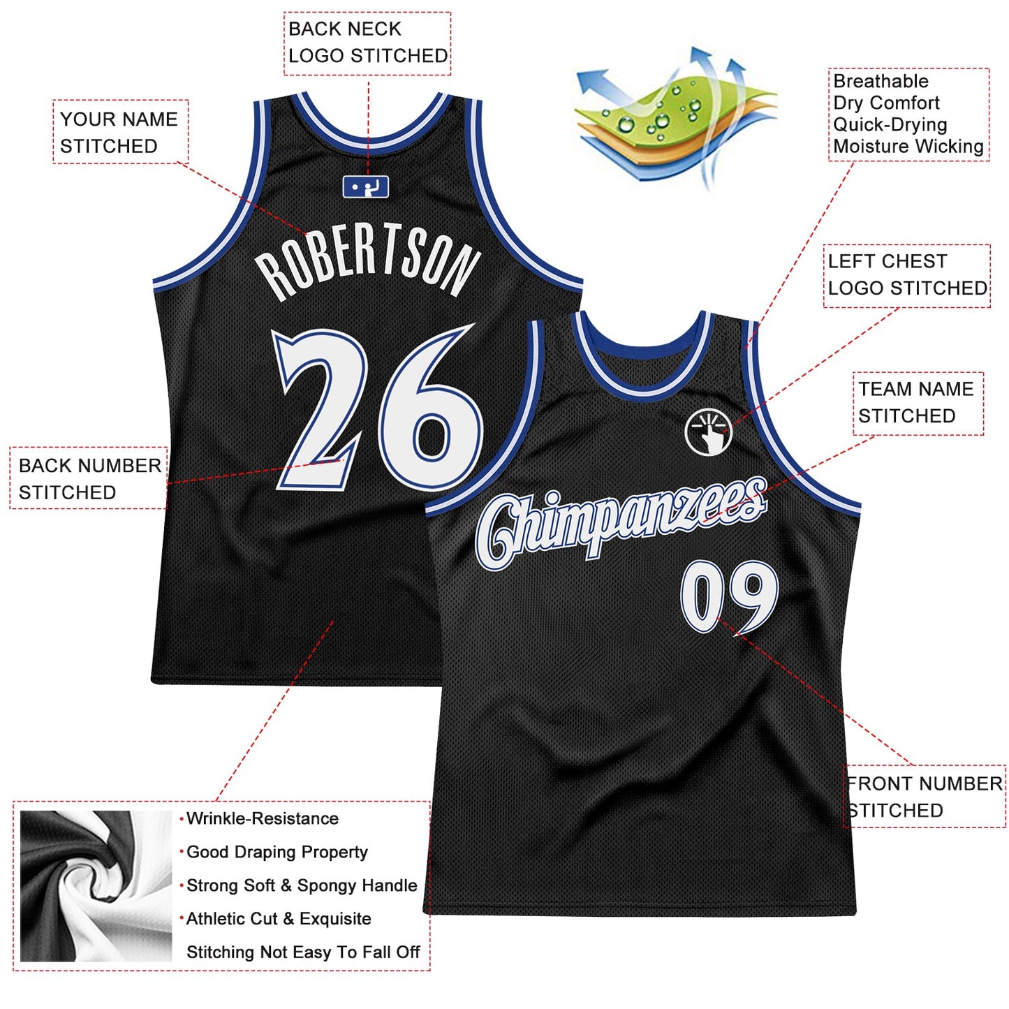Custom Black White-Royal Authentic Throwback Basketball Jersey view 2