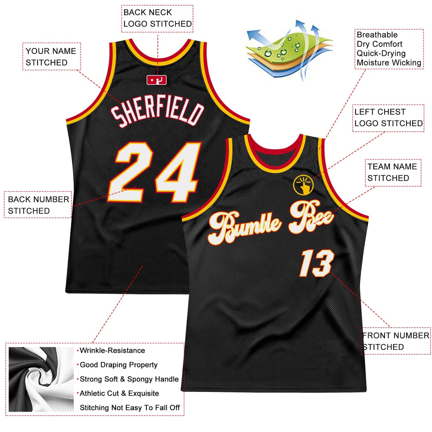 Custom Black White-Red Authentic Throwback Basketball Jersey view 2