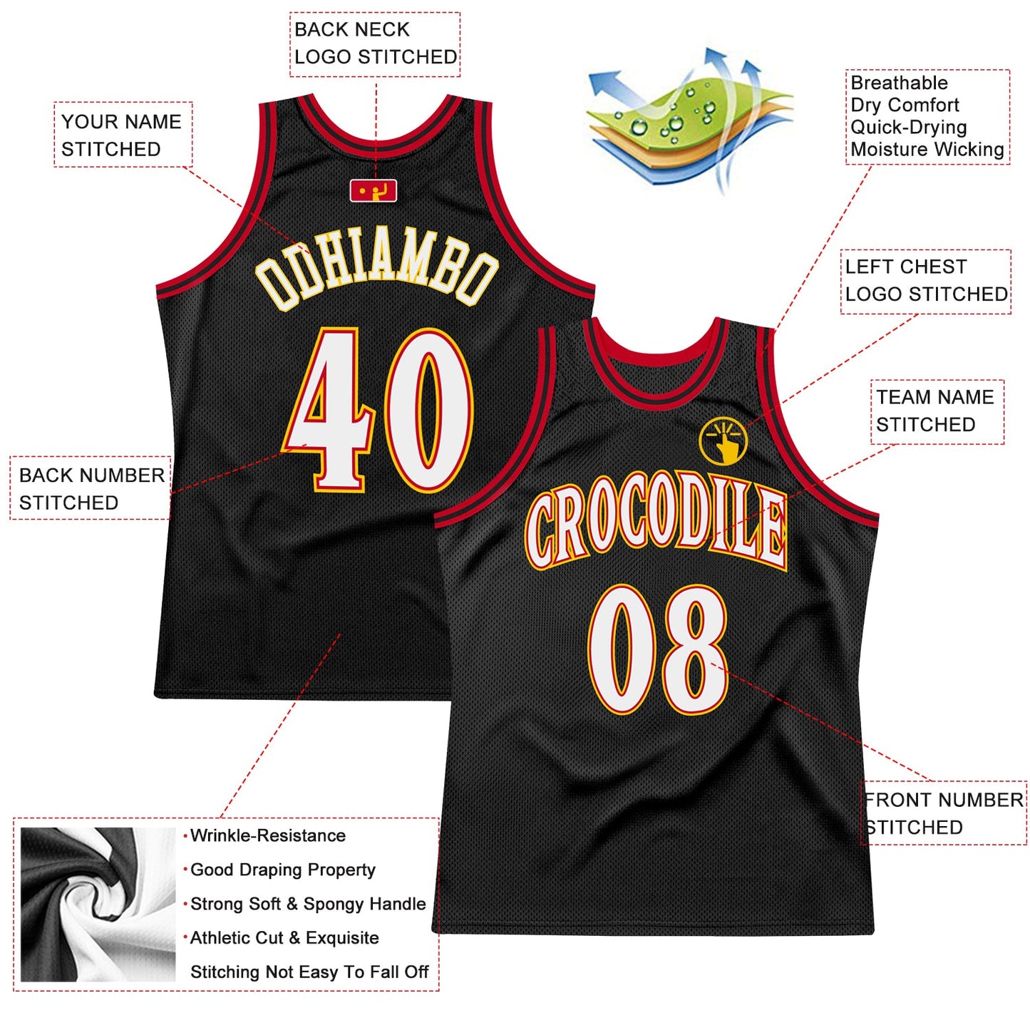 Custom Black White-Red Authentic Throwback Basketball Jersey view 2