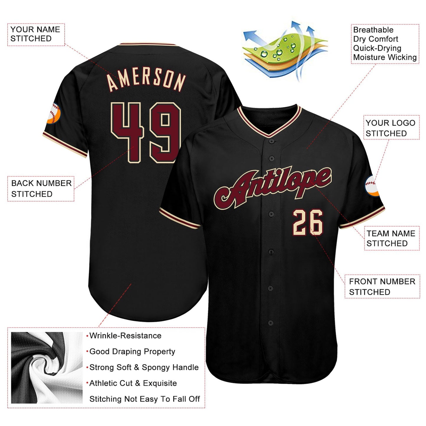 Custom Black Crimson-City Cream Authentic Baseball Jersey view 3
