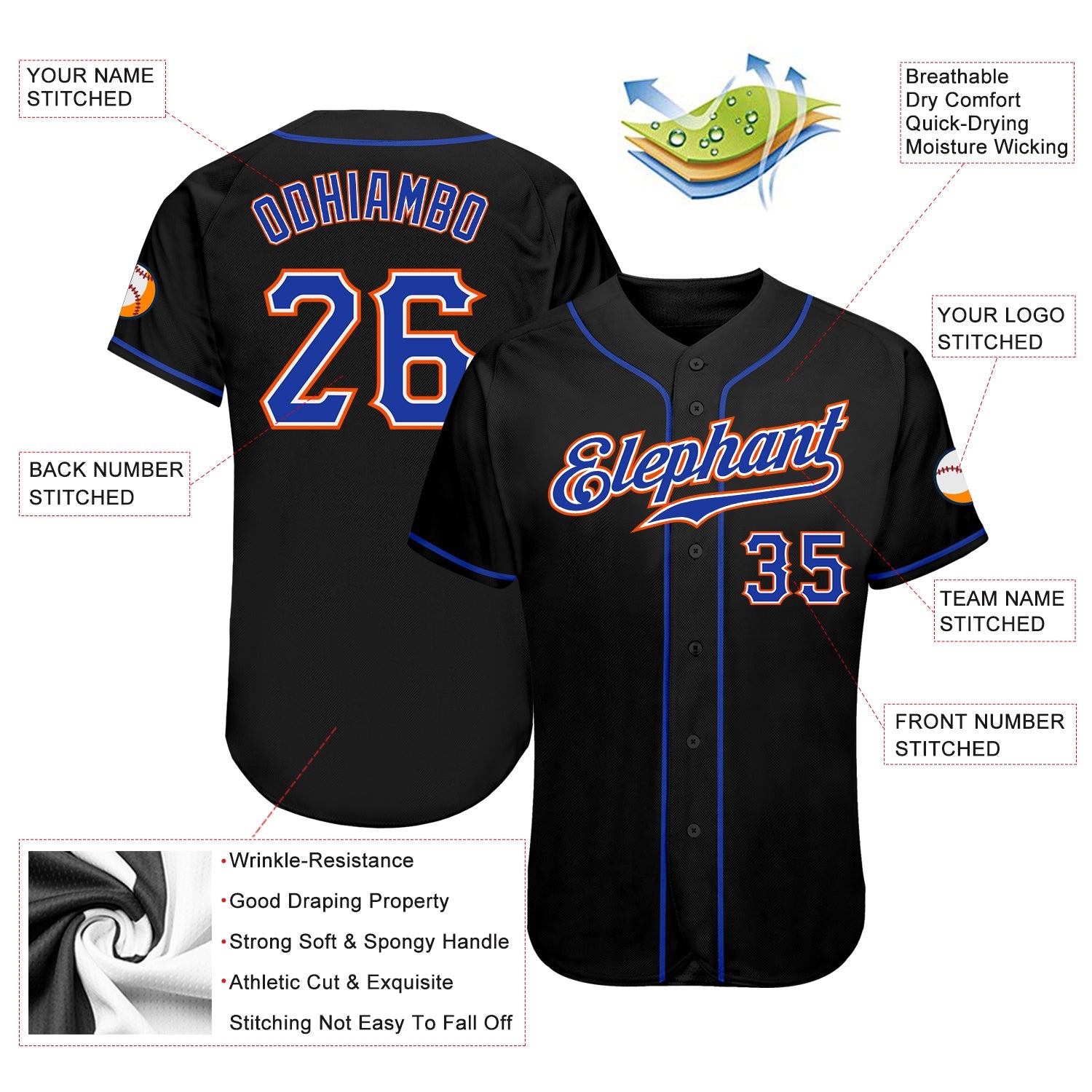 Custom Black Royal-Orange Authentic Baseball Jersey view 3