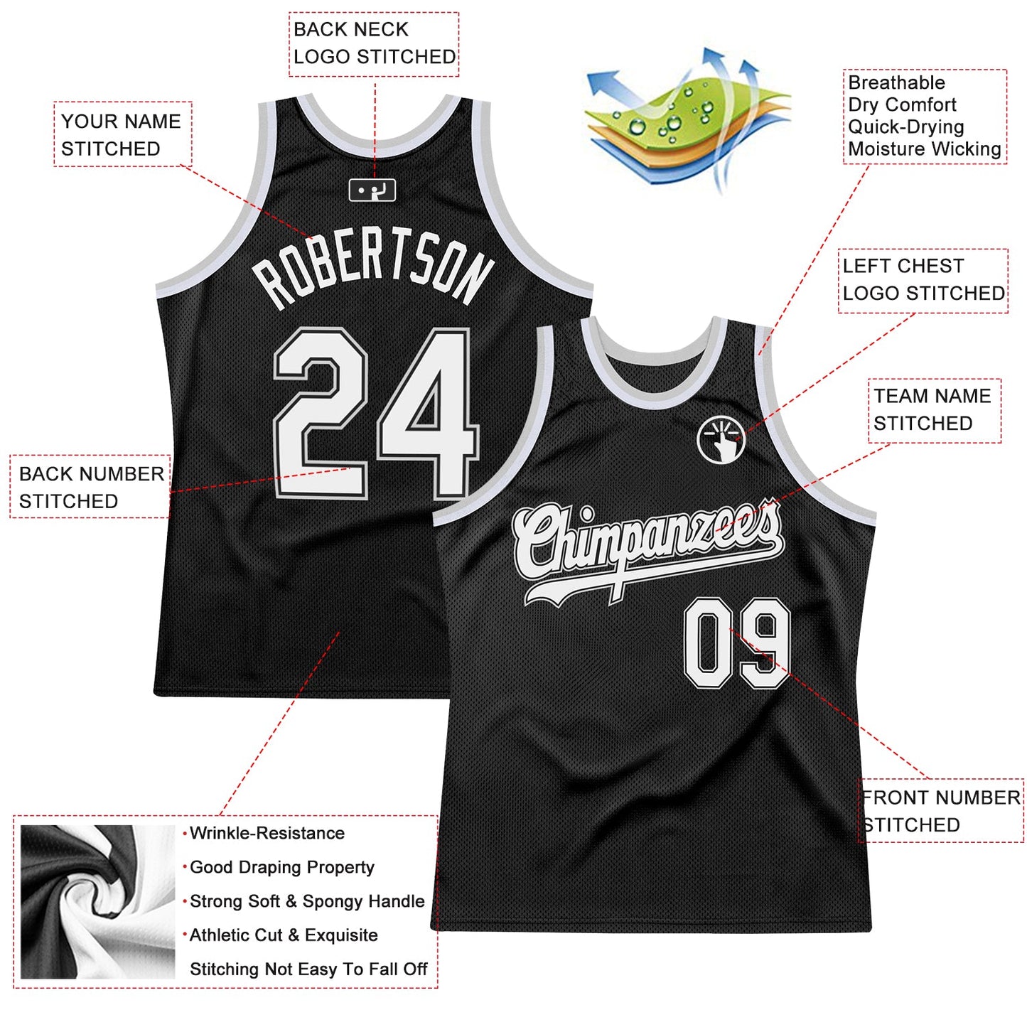 Custom Black White-Gray Authentic Throwback Basketball Jersey view 2
