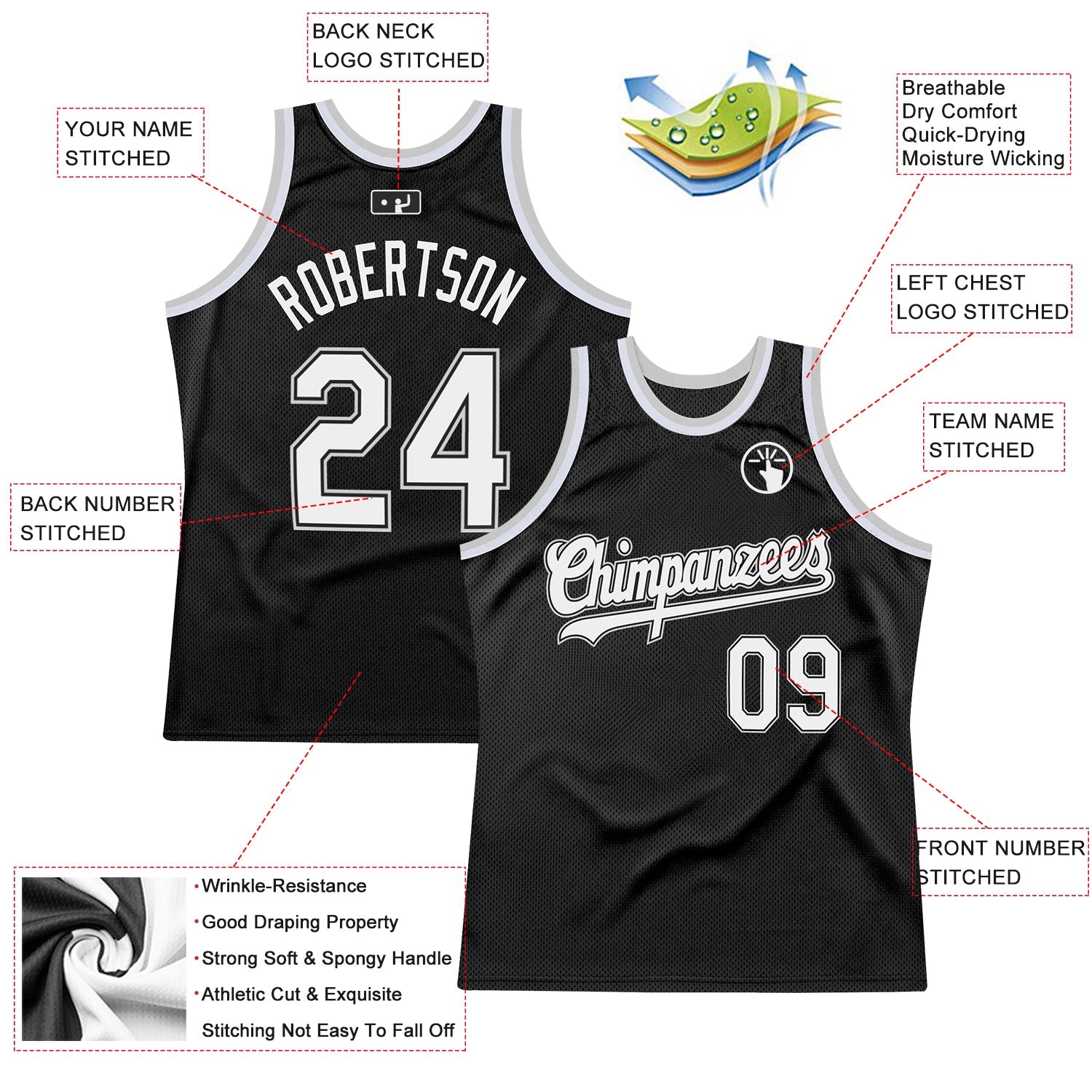 Custom Black White-Gray Authentic Throwback Basketball Jersey view 2