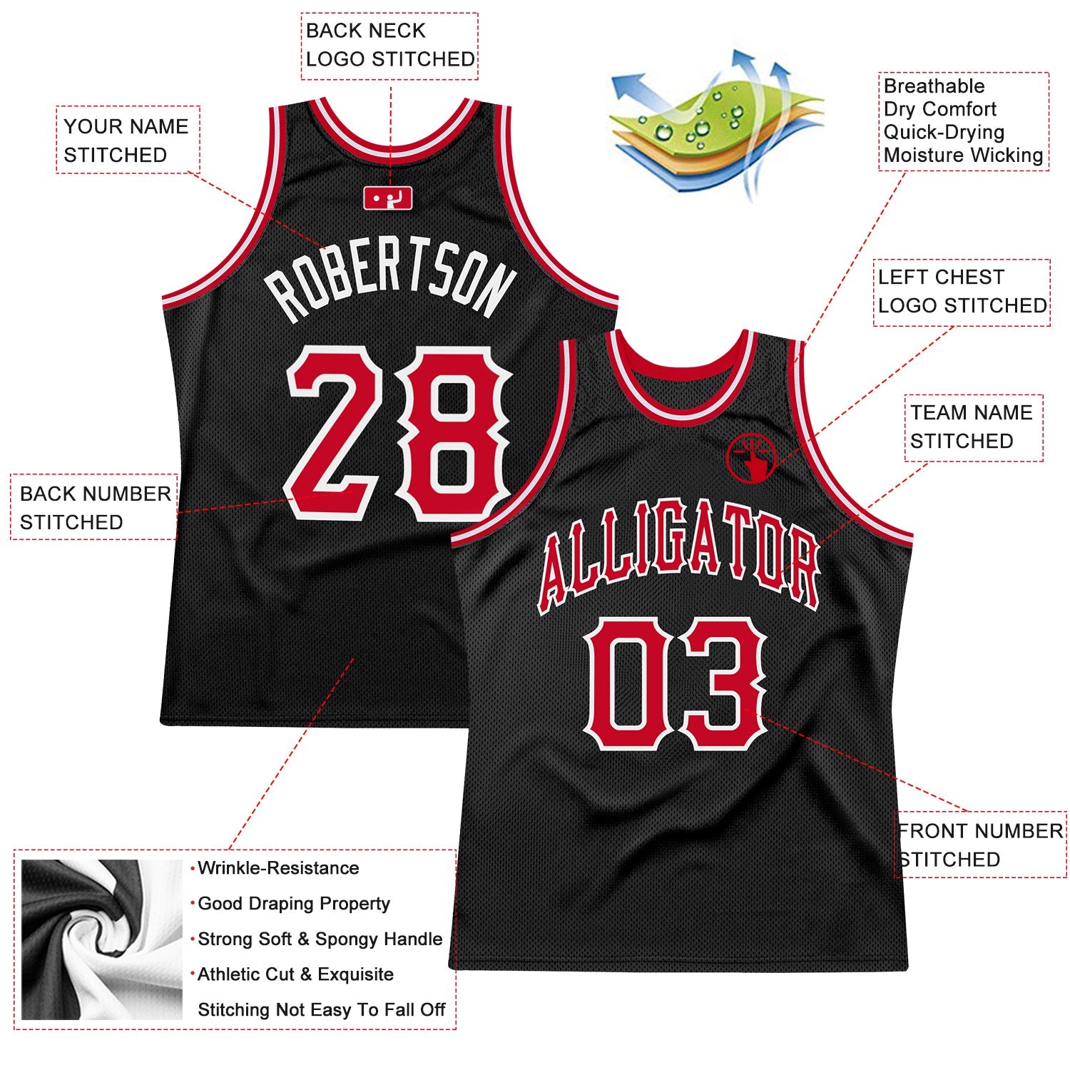 Custom Black Red-White Authentic Throwback Basketball Jersey view 2