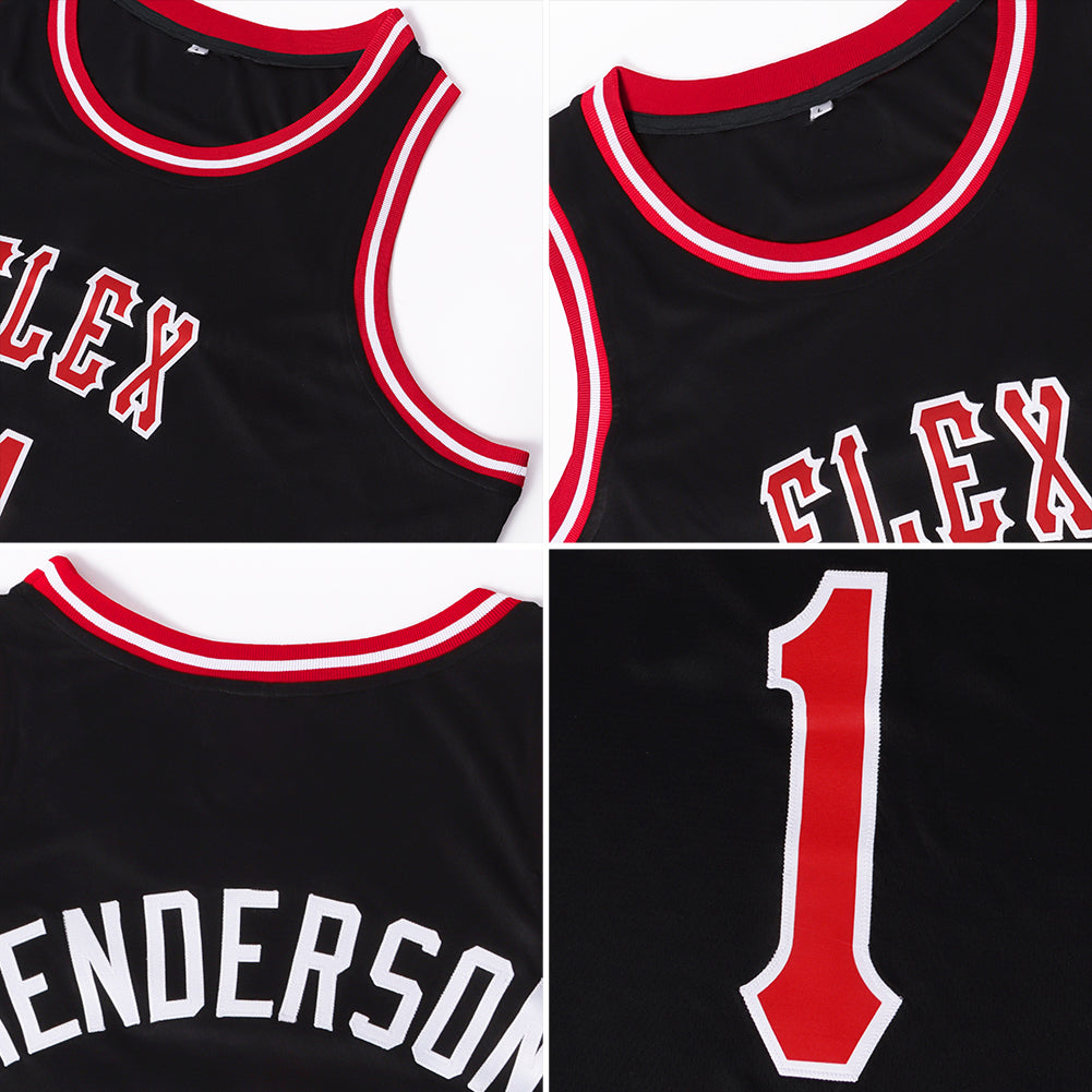 Custom Black Red-White Authentic Throwback Basketball Jersey view 5